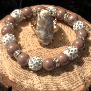 NEW•Boho Chic Sand & Stone Bracelet/ Marbled Ring Set